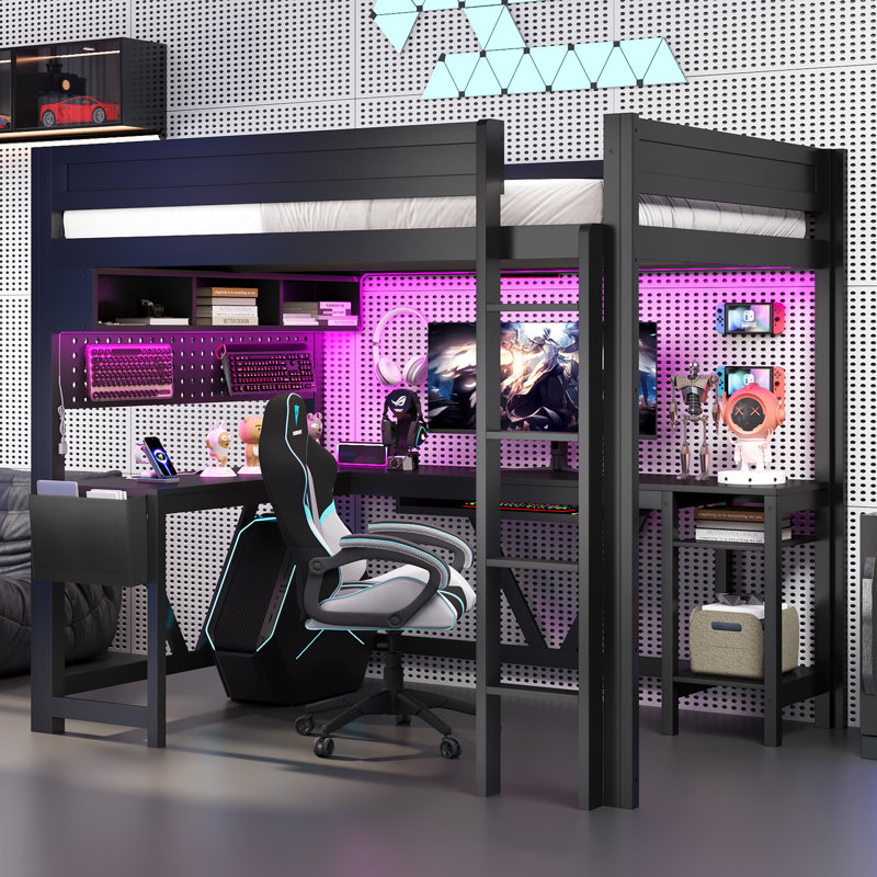 Loft Bed With Desk, Led And Charging Station, Black