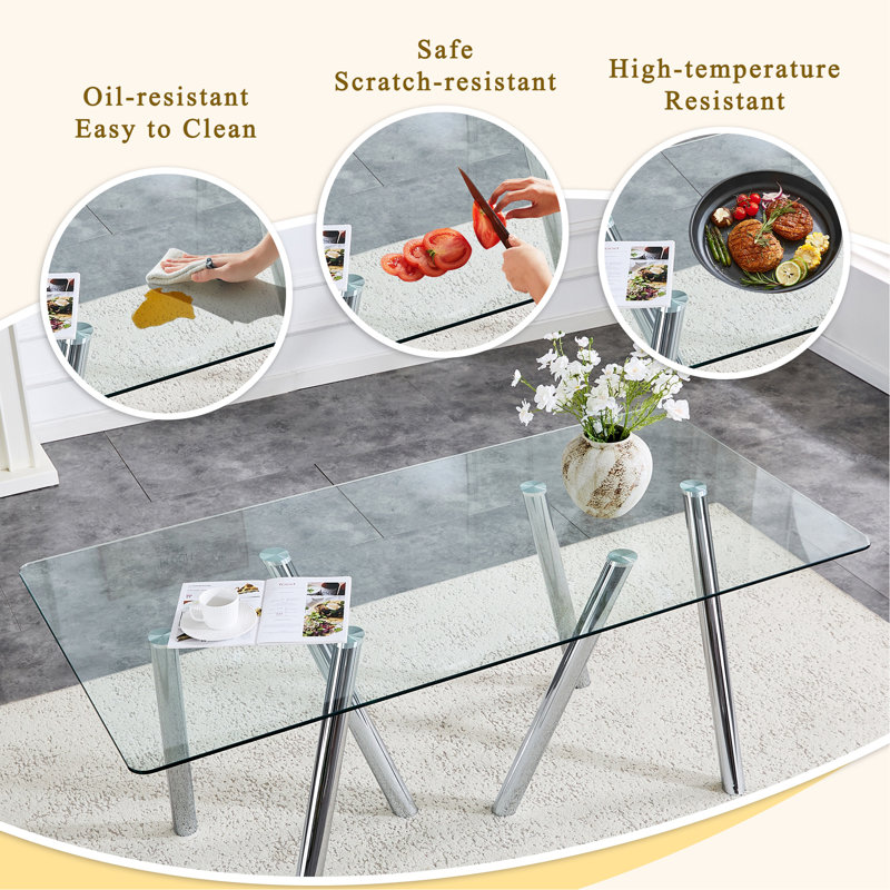 table de salle à manger, H 0,4 po x l 35,43 po x P 70,87 po, Transparent / argent, Harwich