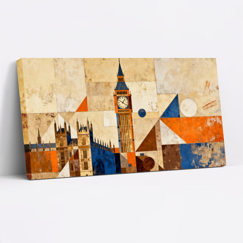 Ensemble de 1 tableau abstrait géométrique sur toile tendue représentant Big Ben et Westminster à Londres, H 12 po x l 36 po