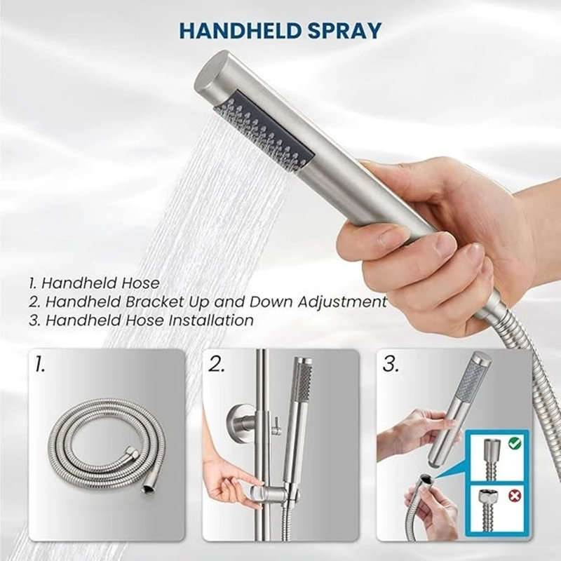 Brushed Nickel High Pressure Rainfall Shower Slide Bar System with 59'' Hose & Handheld Showe, Brushed Nickel
