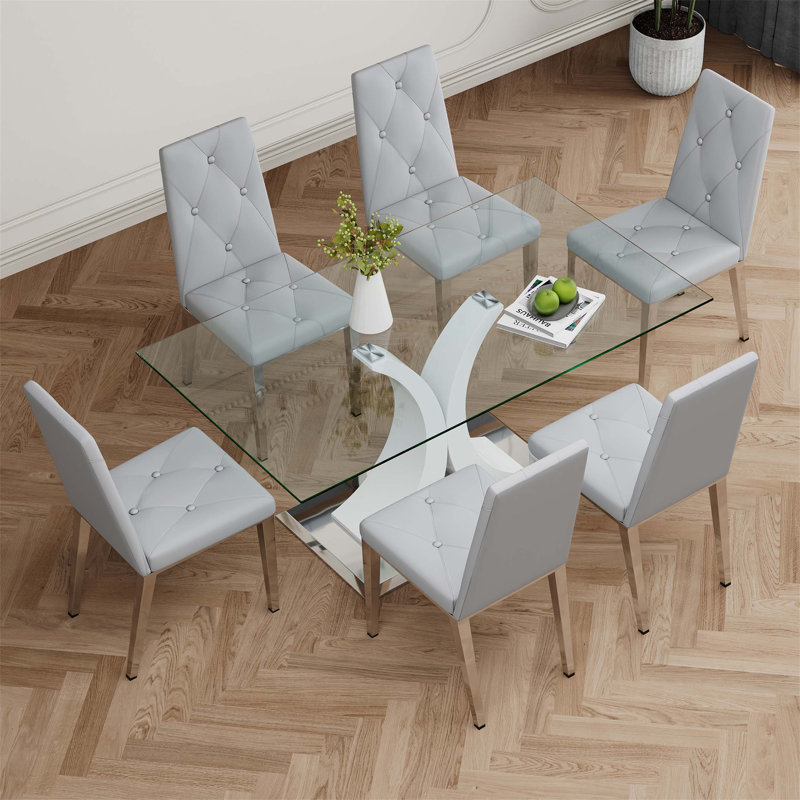 Modern Glass Dining Table Set with Elegant Design and Durable Support, Light Grey Dining Chairs with Electroplated Legs, Ideal for Restaurant Kitchens