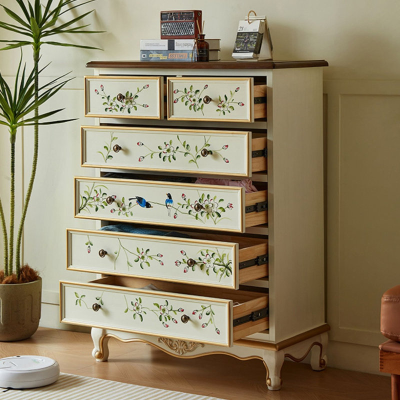 Meuble d'appoint à cinq tiroirs en bois massif peint à la main avec motif floral