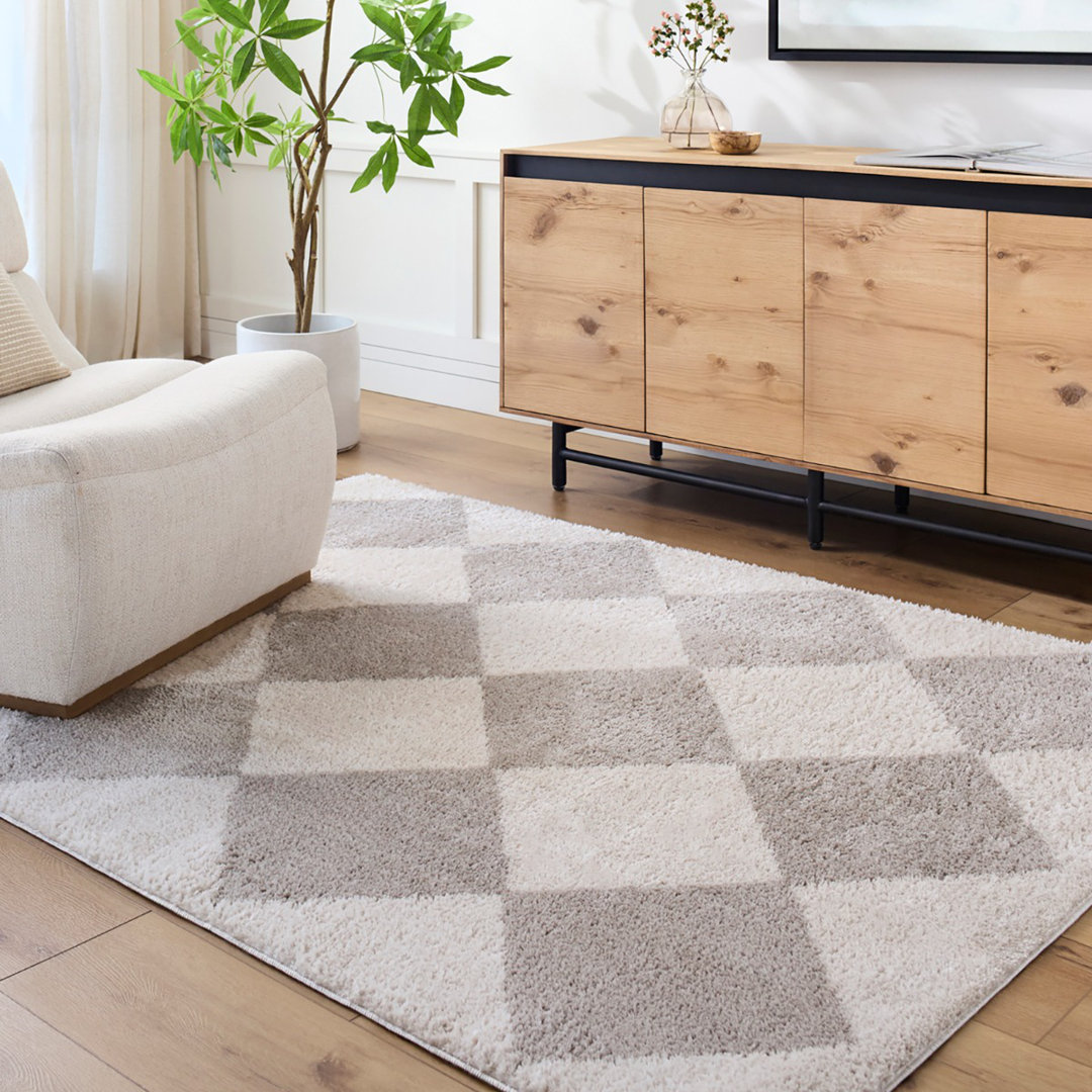 Grey Modern Washable Shaggy Rug, Chequered Anti-Slip Rug For Living Room, Dining Room, Bedroom, Kitchen