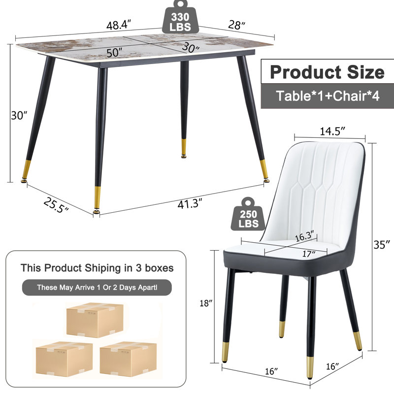 Contemporary Faux Marble 5-Piece 50" Dining Set with Upholstered Chairs, Brown/Beige, Beige/Gray