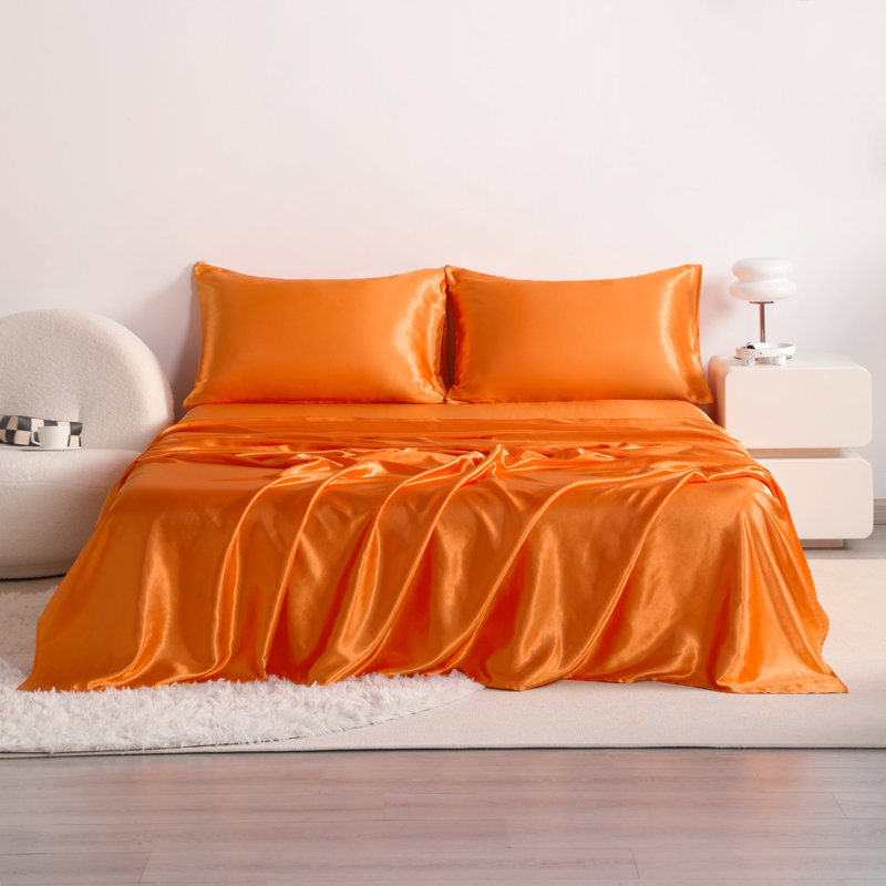Ensemble de draps en satin 4 pièces Luxury, Orange, Couvre-lit simple TG + 3 pièces supplémentaires