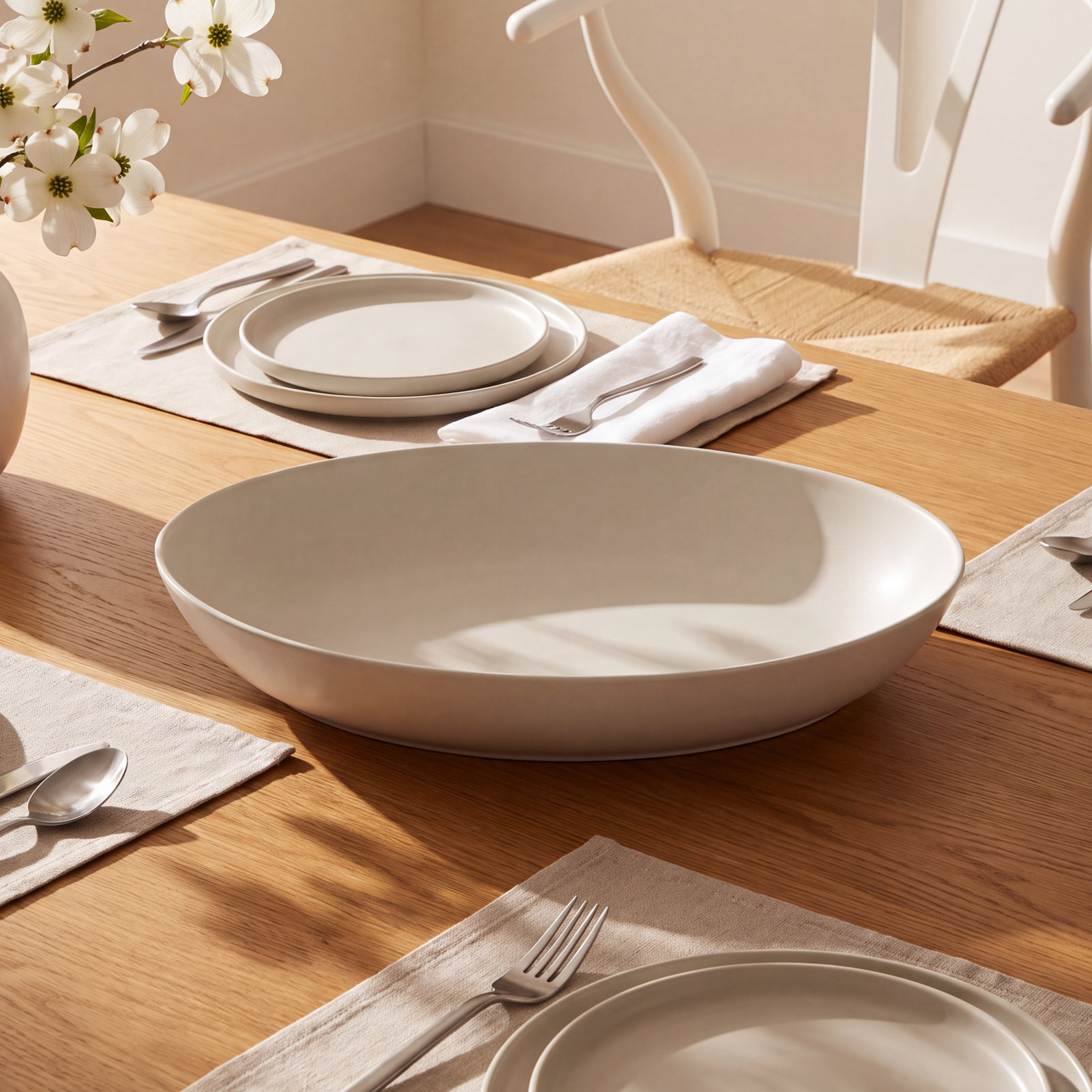Ceramic Low Oval Serving Bowl, Beige