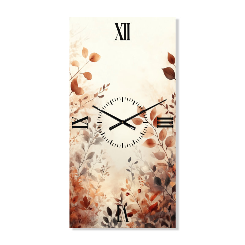 Horloge murale grand format Japandi, motif délicat de fleurs sauvages brunes I, H 40 po x l 20 po - Rectangle