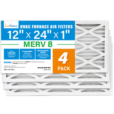 Filtres à air Lotfancy 12 x 24 x 1, paquet de 4, filtres de fournaise à air climatisé plissé Merv 8