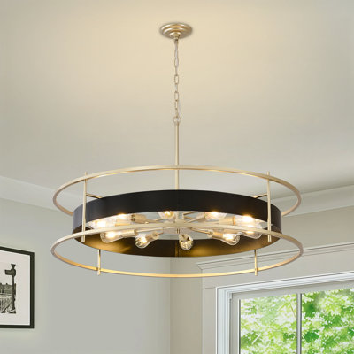 Lustre 10 lumières en roue de chariot moderne, luminaire suspendu tambour noir et doré pour la salle à manger et le salon