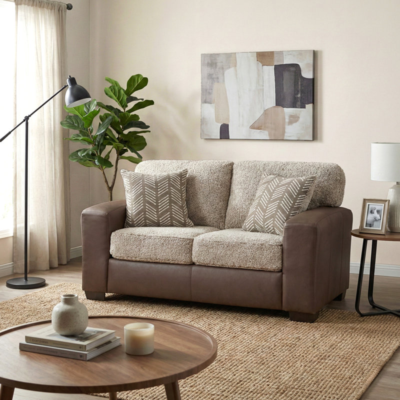 Marvella Living Room Loveseat With Chocolate Faux Leather Upholstery And Curly Shearling Cushions