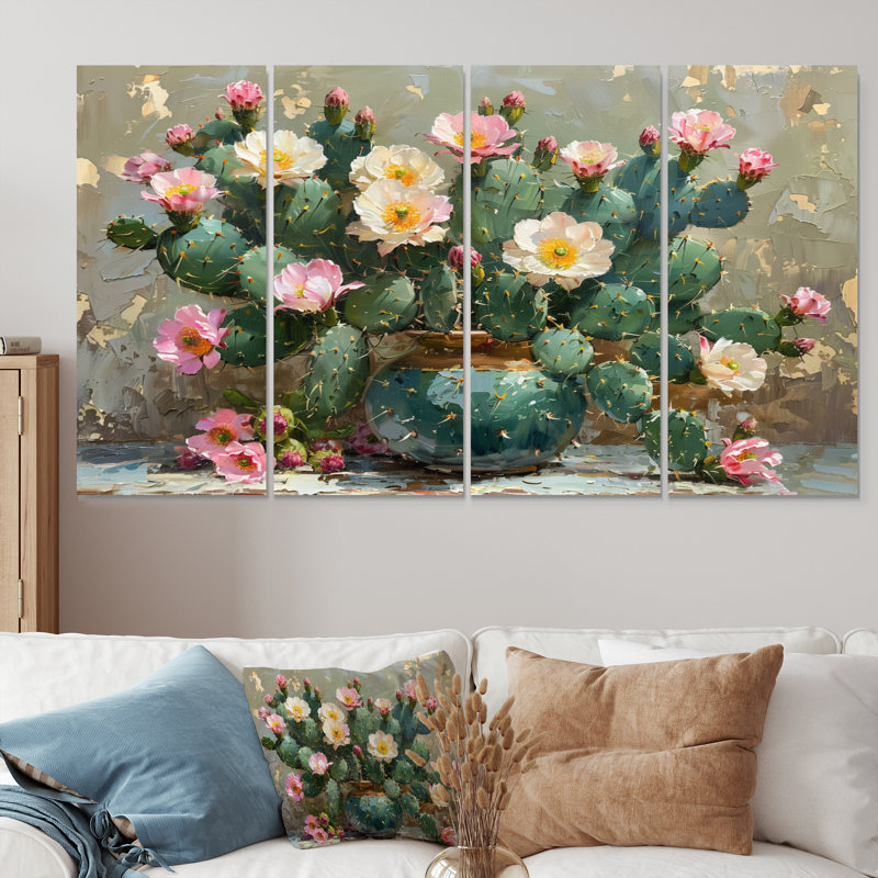 Cactus vert et rose à fleurs, H 32 po x l 64 po