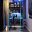 Lit mezzanine simple en bois avec bureau, étagère de rangement latérale, tablettes multiples et lumière RVB, bleu nuage-407936275-407936273