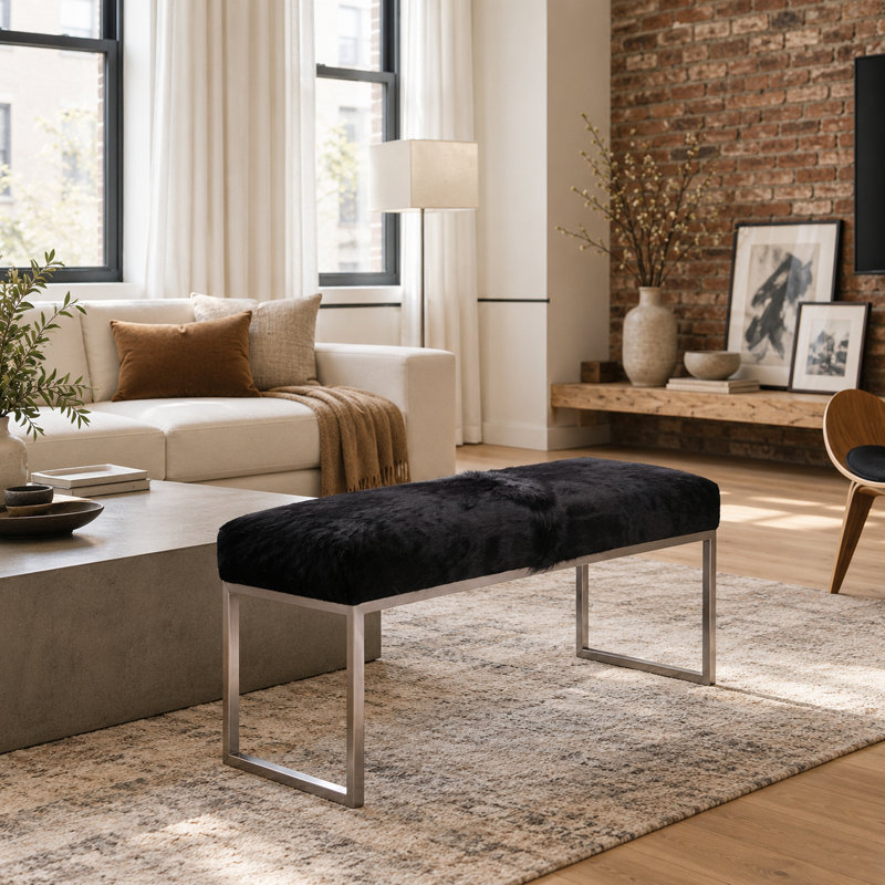 Upholstered Cowhide Bench, 19" H x 48" W x 12" D