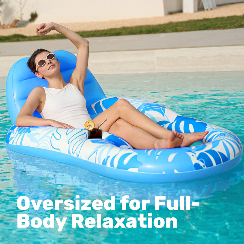 Chaise de piscine gonflable avec repose-pieds, Bleu / blanc