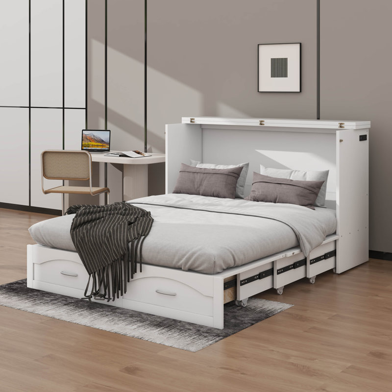 Grand lit escamotable avec tiroir et port USB, Blanc