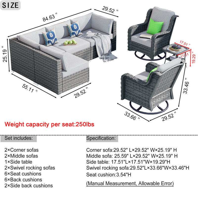 6 - Person Patio Conversation Set with Cushions, Gray, No