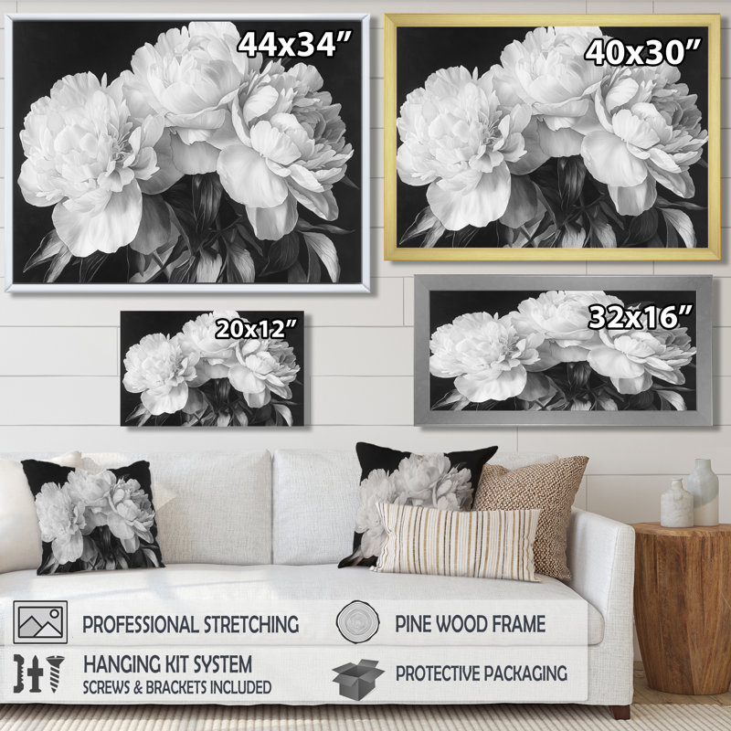 Pivoines en blanc et noir - pivoines, art mural, H 12 po x l 20 po, Impression dans un cadre flottant sans passe-parto, Brun