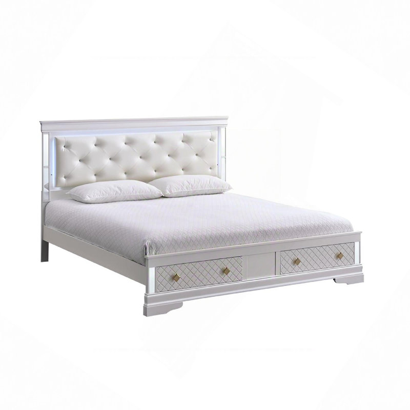 Lit de rangement de luxe, tête de lit en similicuir touffeté à bijoux, cadre en placage de bois et tiroirs de pied de lit, aucun sommier nécessaire