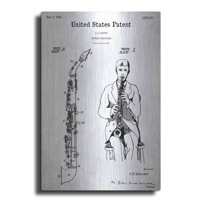 Soprano Saxophone Blueprint Patent White by Patents - Unframed Print on Metal -  17 Stories, 0015B933C7D8450D9309A241288DD67A