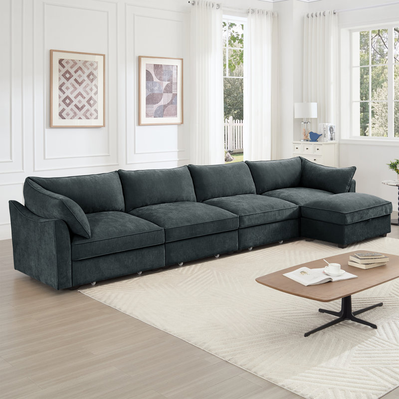 Depaul L-Shaped Chenille Sectional Sofa with Ottoman & Hidden Storage, Gray Chenille