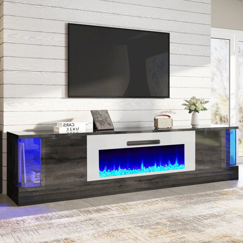 Bhhatu 70” Fireplace TV Stand With Fireplace, Modern Wood Grain High Gloss, Black, Black, 19.3" H x 70" L x 15.55" W