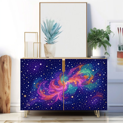 Buffet étroit de 35,4 po de largeur - armoire de rangement d'appoint à 2 portes avec imprimé galaxie nébuleuse colorée et pieds en métal