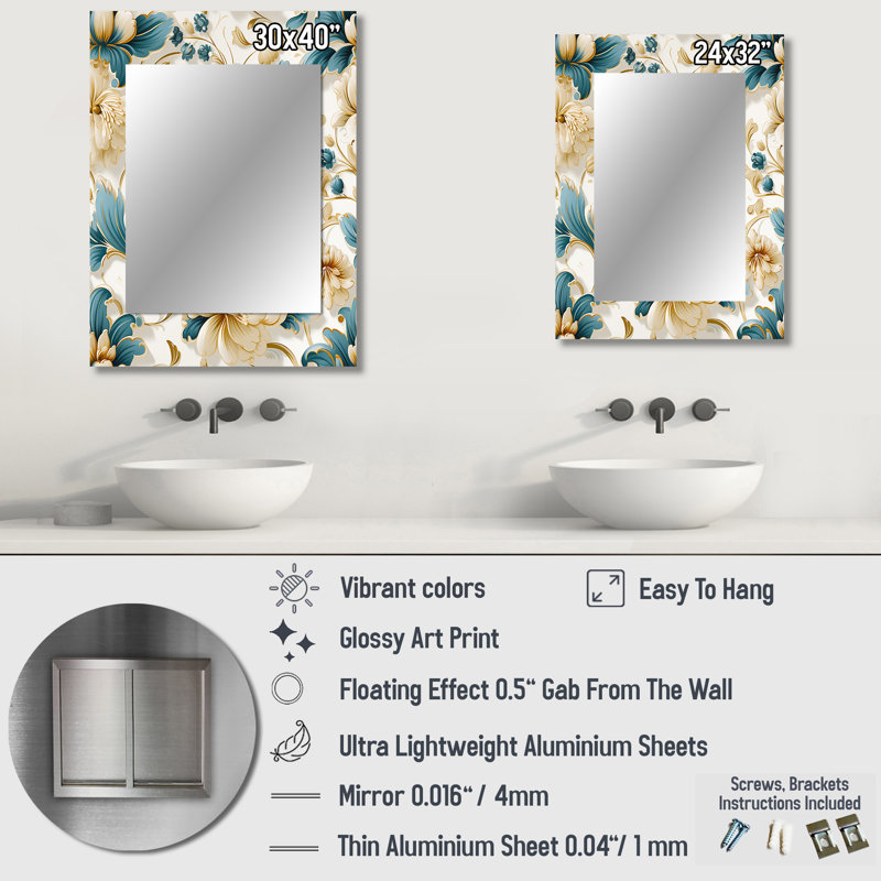Victorian Blue And White Flowers Damask - Damask Mirror Wall Decor, 32" x 24"