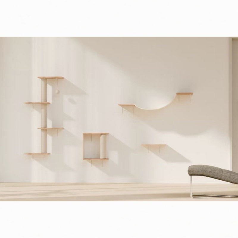 Modern Wall-Mounted Cat tree - 4pcs, Natural Wood
