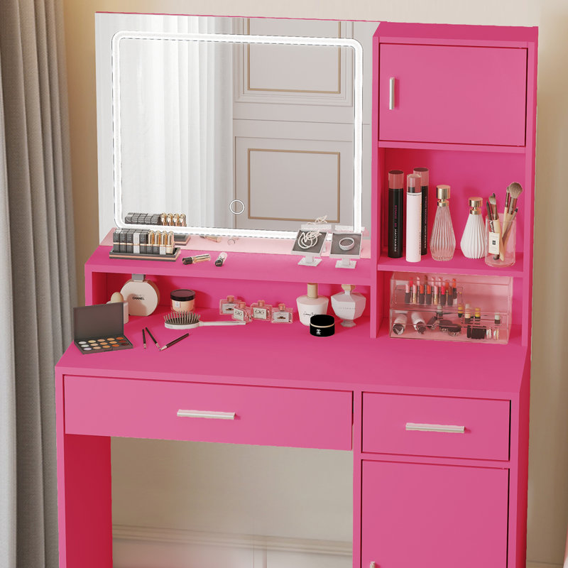 Bureau de coiffeuse avec miroir et bande lumineuse à DEL, coiffeuse avec grand tiroir, commode de rangement à 3 niveaux et 3 modes d'éclairage à luminosité réglable, convient à la chambre à coucher
