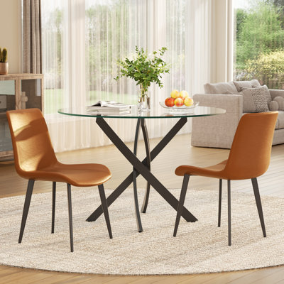 Modern Round Glass Dining Set, Stainless Steel Glass Table With PU Leather Dining Chairs,  Contemporary Kitchen And Dining Room Set For 4–6 People, Luxury & Space-Saving