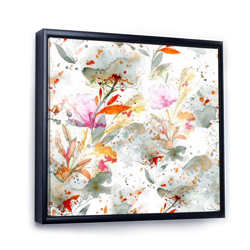 Herbe et plumes en couleurs d'automne I - Peinture sur toile, H 31 po x l 31 po, Cadre noir