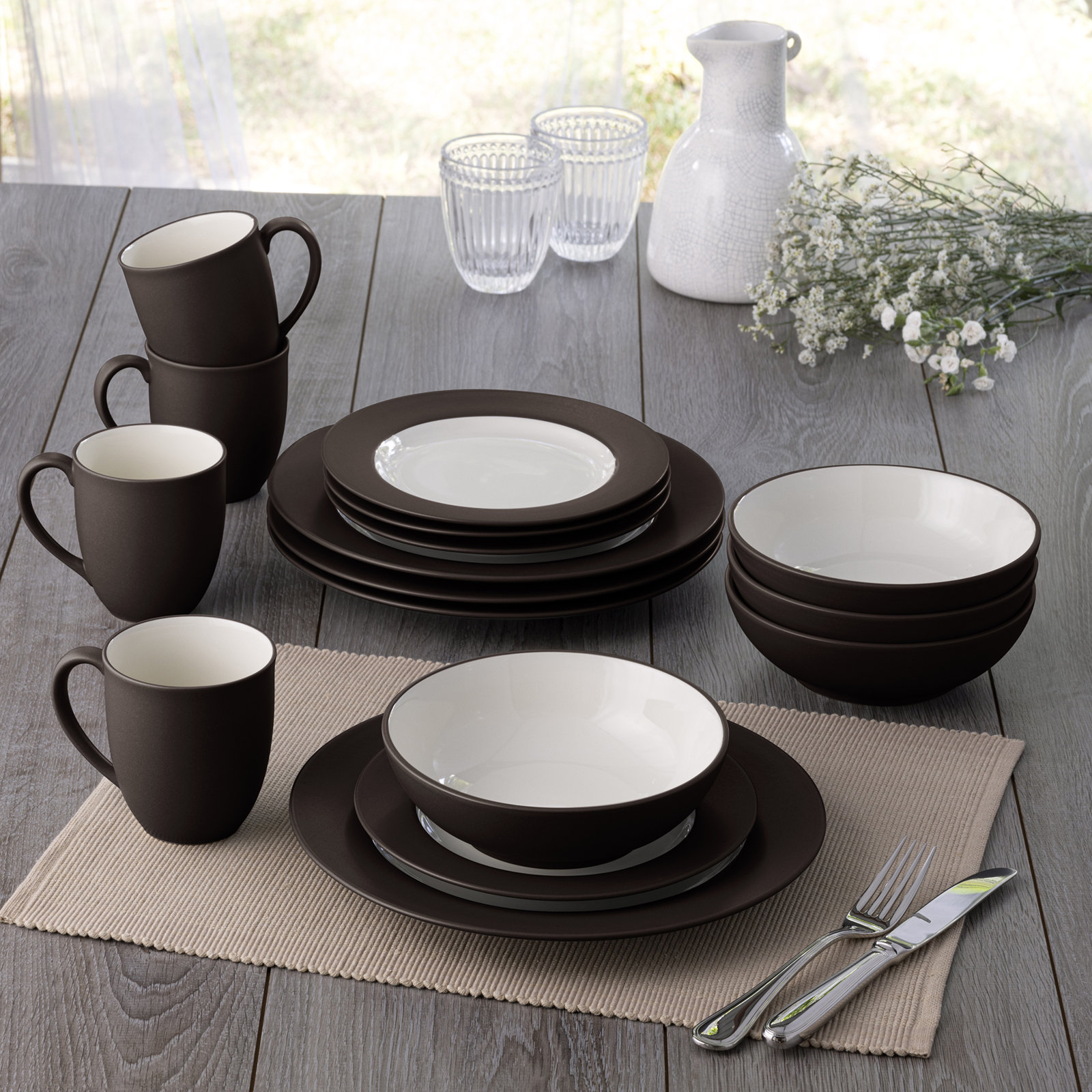 Colorwave Stoneware Dinnerware Set - Service for 4, Chocolate