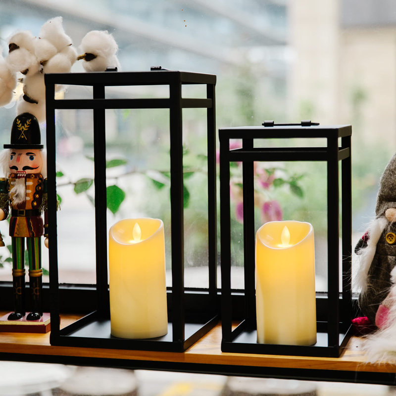Lantern Modern 15.8''H Battery Powered Integrated LED Outdoor Lantern w/ LED Timer Candles