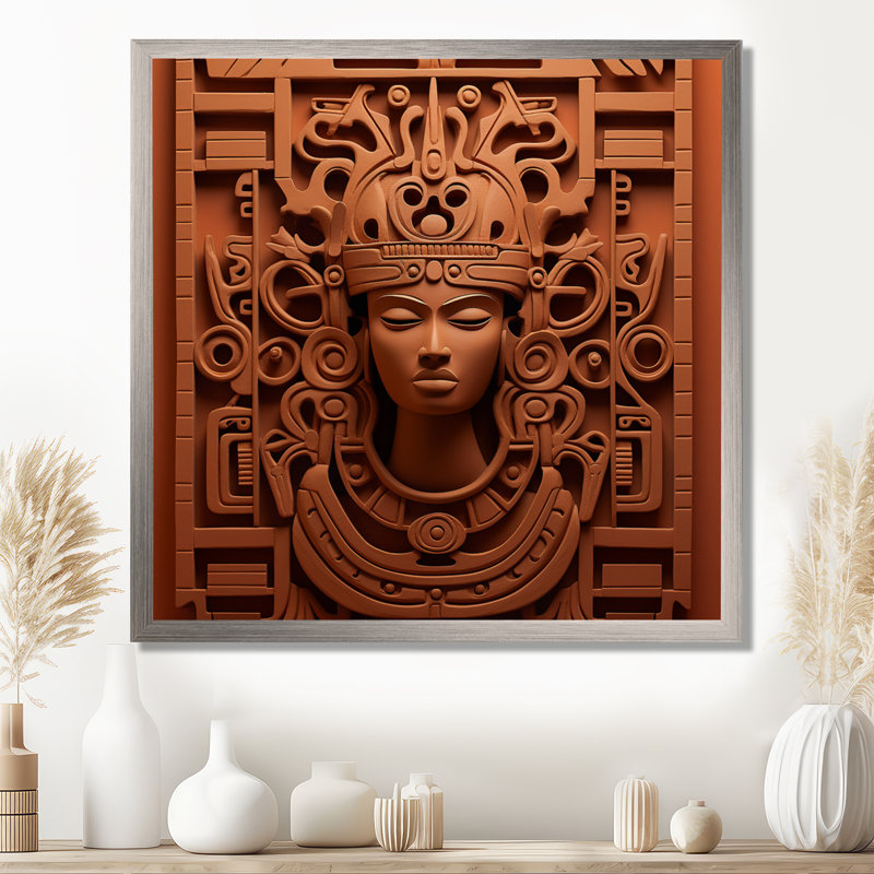 Maya Magic Aztec Mask II - Art mural mexicain, Cadre simple argenté, H 16 po x l 16 po x P 1 po