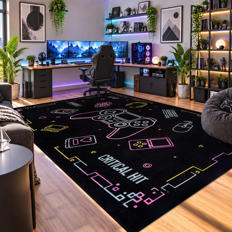 Neon Arcade Controller, Gaming Area Rug, Black, Non-Slip Backing, 6 pi 6 po x 9 pi