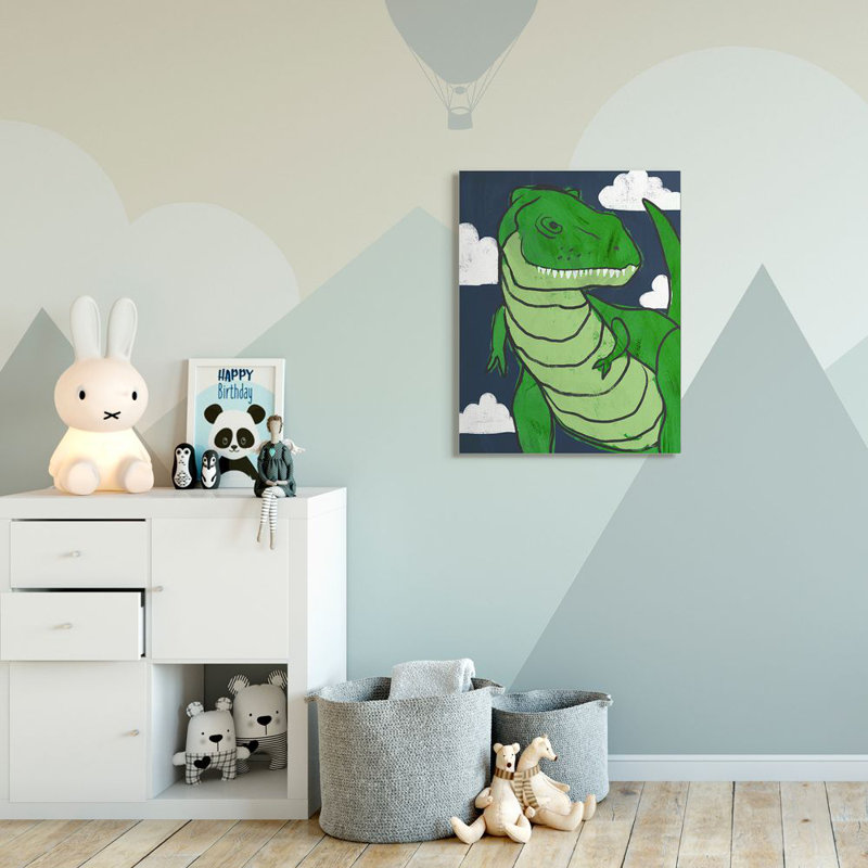 «T-Rex Kid's Green Dinosaur Blue Sky» par Daphne Polselli - impression d'art graphique, H 40 po x l 30 po x 1,5 po