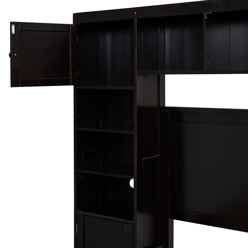 Lit double en bois avec armoire et tablette intégrées - Flair solide, Espresso