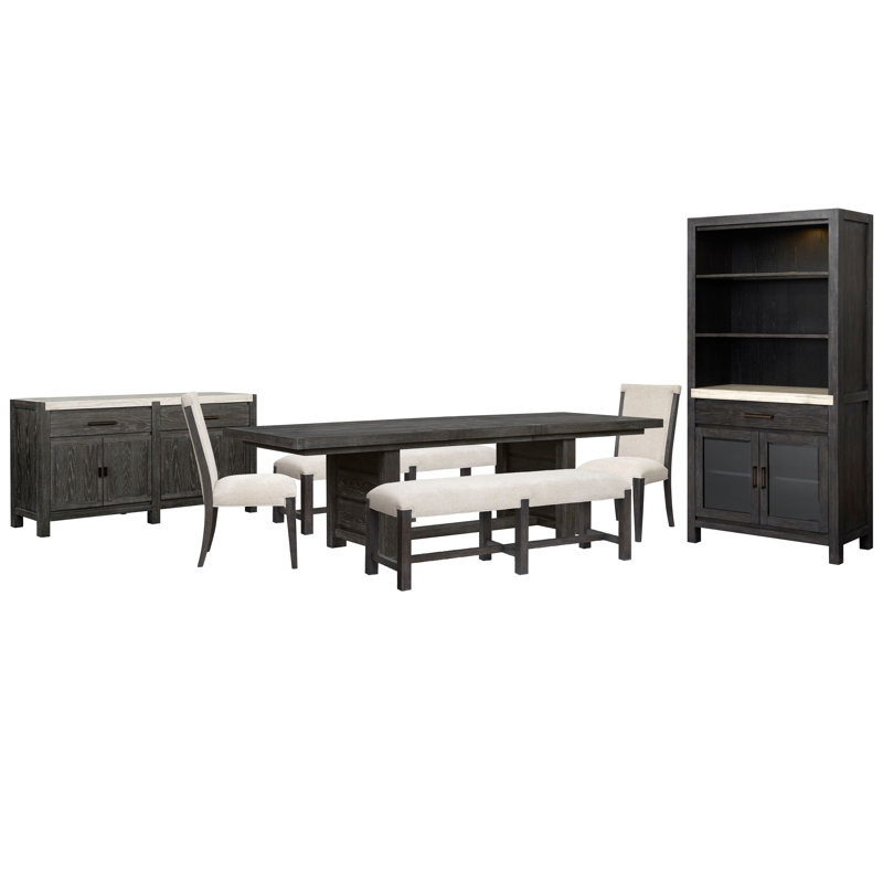 Table de salle à manger rectangulaire avec 2 bancs et 3 chaises d'appoint, 7 pièces: table, 2 bancs, 2 chaises, buffet, armo