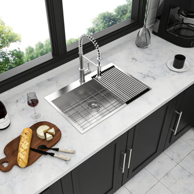 33X22 Inch Drop In Single Bowl Topmount Kitchen Sink 18 Gauge Stainless Steel, T-304 Construction, 9-Inch Depth, Standard Faucet Holes, Five Rubber Pads For Noise Reduction, Gentle Sloped Bottom Easy