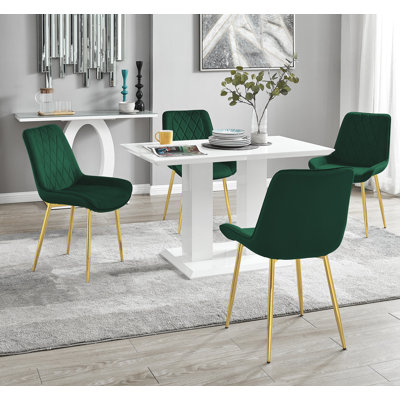 Eubanks High Gloss Double Pillar Dining Table Set with 4 Luxury Velvet Upholstered Dining Chairs