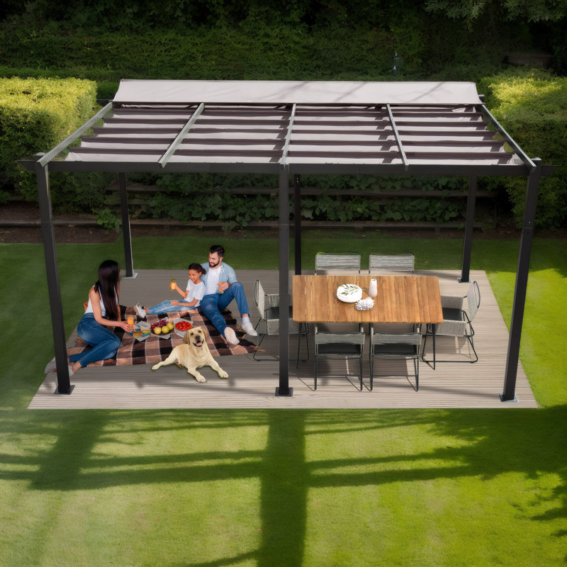 Outdoor Aluminum Pergola with Retractable Canopy, 11 X 16 FT Patio Gazebo for Garden Courtyard & Weatherproof Grill