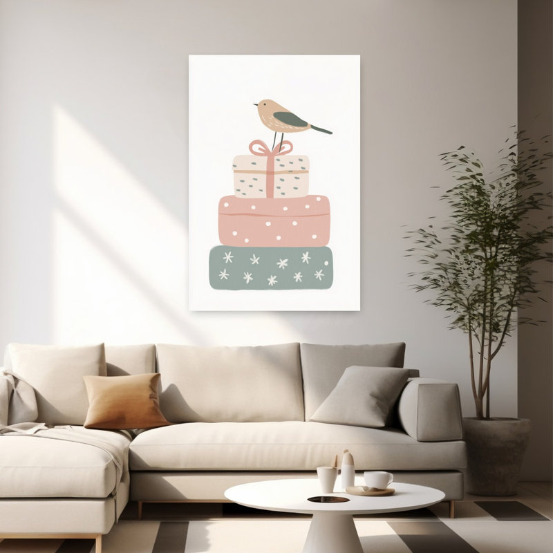 Festive Bird Presents Minimalist Modern Whimsical Bird Winter Landscape Wall Art Print by Mathieu - Wrapped Canvas Print