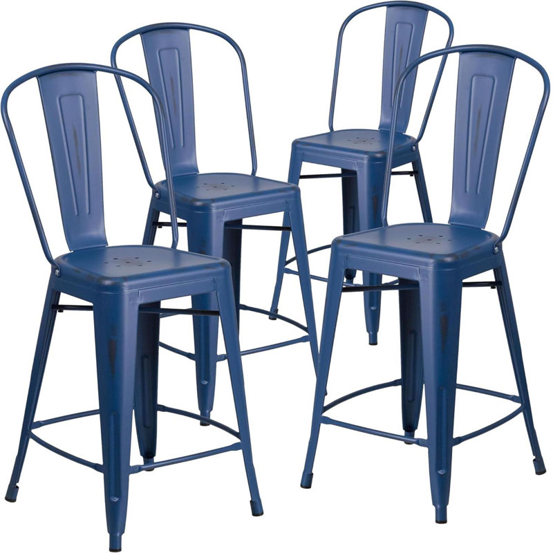 Commercial Grade Distressed Metal Indoor-Outdoor Counter Height Stool with Back, Antique Blue