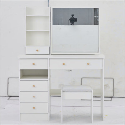 37" Middle Size Left Drawer Desktop Vanity Table + Cushioned Stool, Extra Large Right Sliding Mirror, Multi Layer High Capacity Storage, Practical Fashionable Dresser, Suitable For Large Space