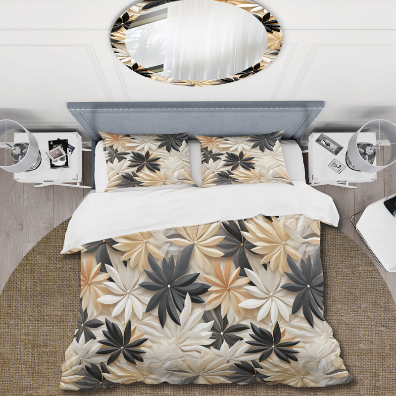 Ensemble de housse de couette White And Black Minimalist Flowers Serenity, Housse de couette pour grand lit et 2 taies décor