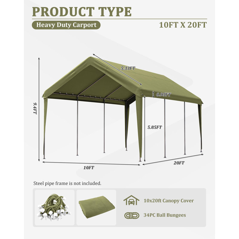 Carport Canopy Replacement Cover With Ball Bungees (Frame Is Not Included), Light Green, 112.8" H x 120" W x 240" D