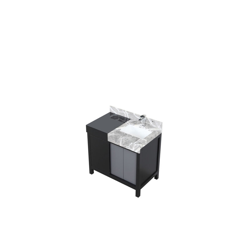 Ensemble de meuble-lavabo noir et gris l 36 po x P 22 po, comptoir en marbre gris château et robinet chromé