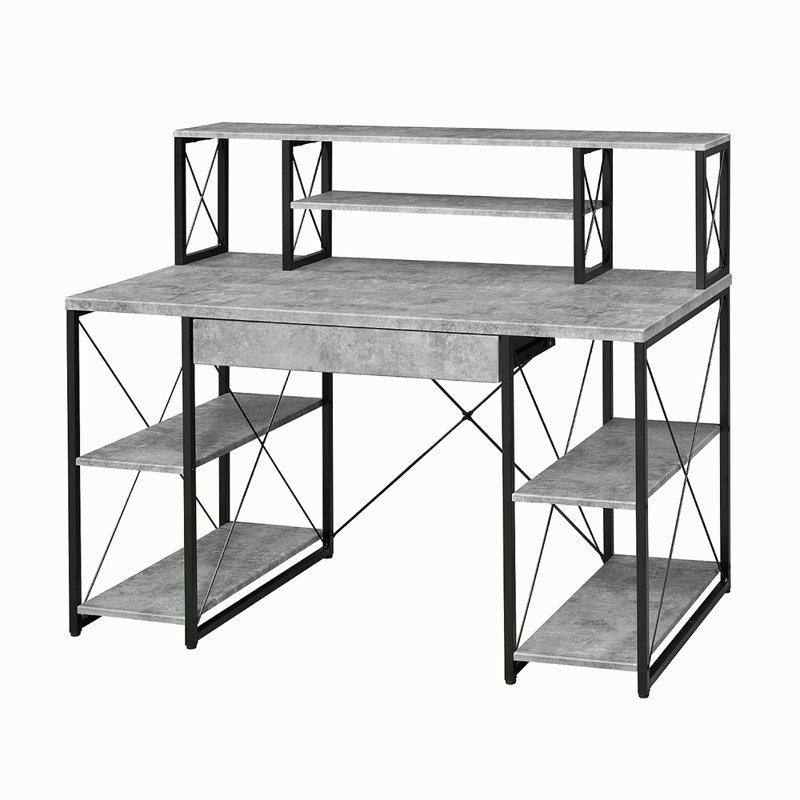 Bureau d'écriture avec un tiroir et 8 compartiments ouverts, faux béton, Gris