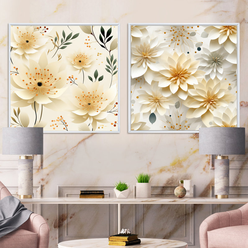 Carnation Mandalas Fleurs Boho Motif IV - Ensemble floral carré de collage de 2, Cadre flottant blanc, H 36 po x l 73 po