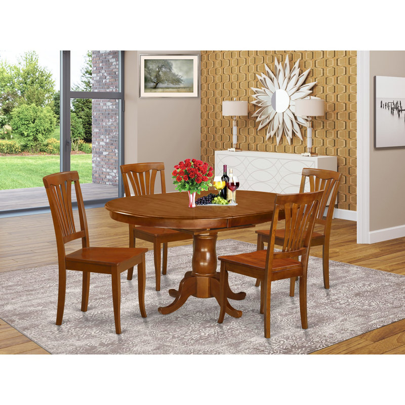 5 Piece Modern Dining Table Set Includes an Oval Wooden Table with Butterfly Leaf and 4 Dining Chairs, Saddle Brown